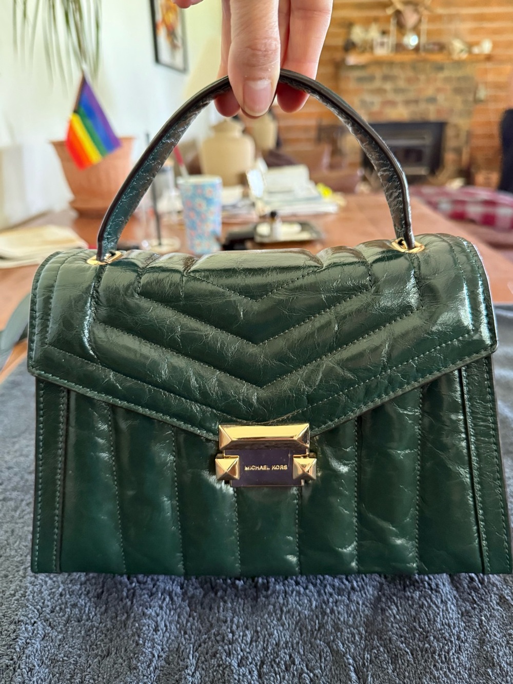Michael Kors Whitney Deep Green Quilted Leather Satchel with Gold Hardware